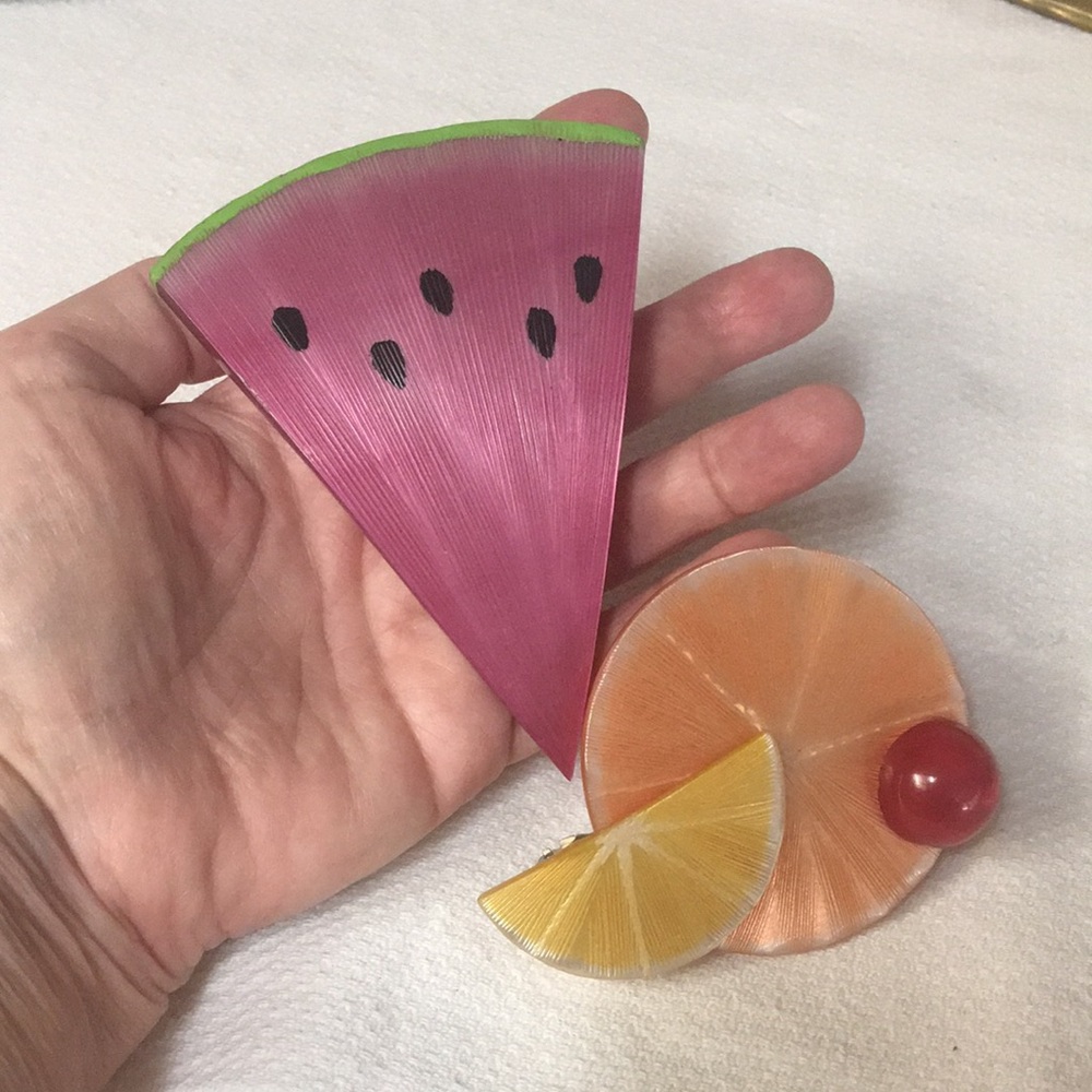 VTG HAND-Painted Oversized Hair Barrettes/Clips Set🍉 🍋🍊🍒 - Picture 7 of 7